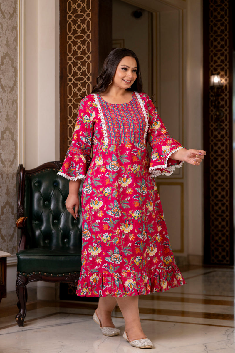Cotton Printed Calf-Length Dress with Three Quarter Sleeves (Plus Size)