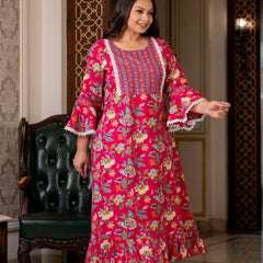 Cotton Printed Calf-Length Dress with Three Quarter Sleeves (Plus Size)
