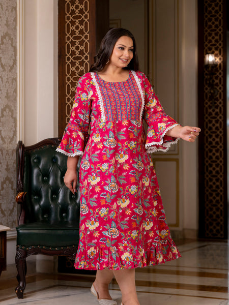 Cotton Printed Calf-Length Dress with Three Quarter Sleeves (Plus Size)