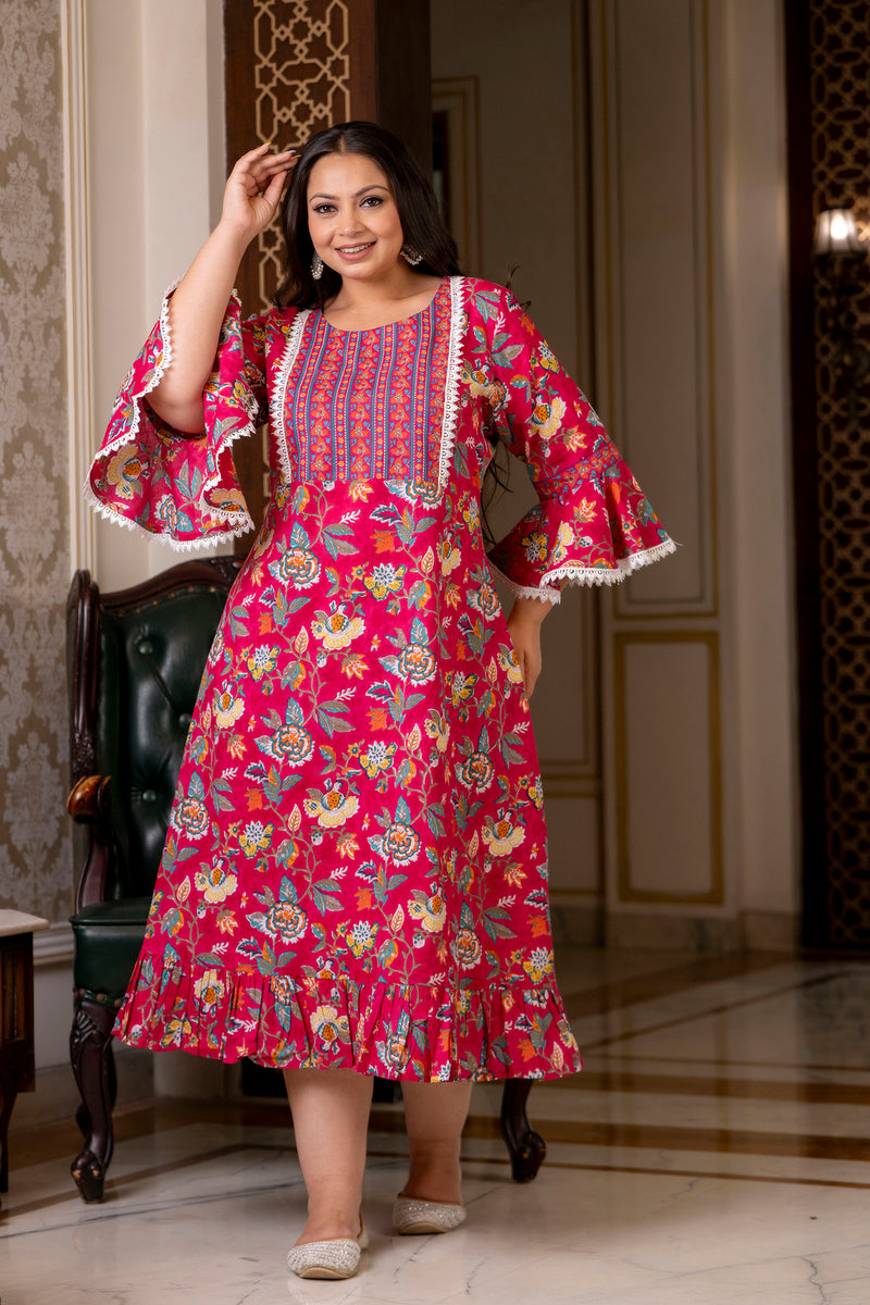 Cotton Printed Calf-Length Dress with Three Quarter Sleeves (Plus Size)