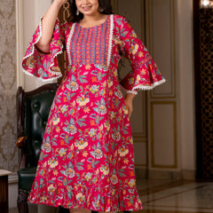 Cotton Printed Calf-Length Dress with Three Quarter Sleeves (Plus Size)