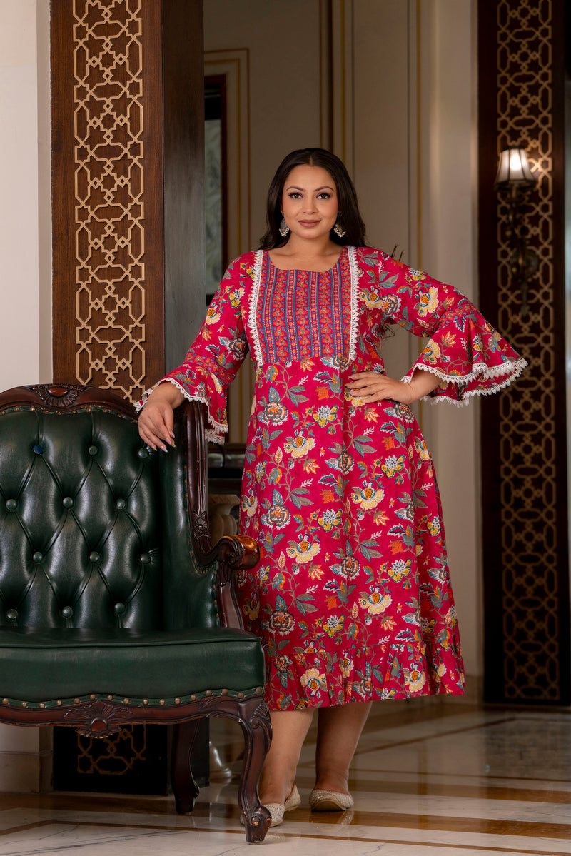 Cotton Printed Calf-Length Dress with Three Quarter Sleeves (Plus Size)