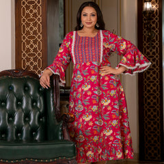 Cotton Printed Calf-Length Dress with Three Quarter Sleeves (Plus Size)