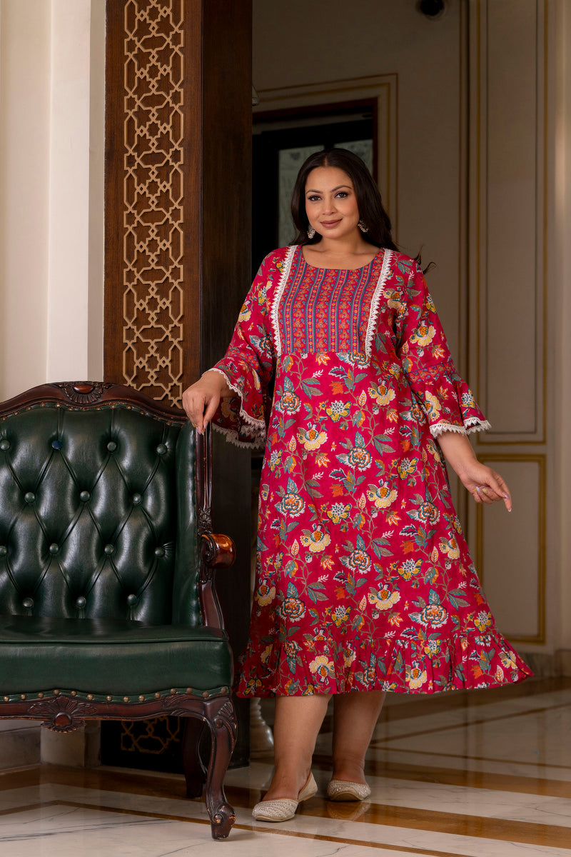 Cotton Printed Calf-Length Dress with Three Quarter Sleeves (Plus Size)