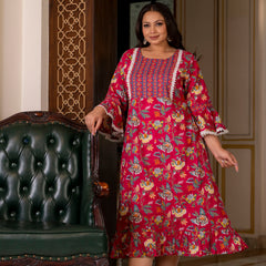 Cotton Printed Calf-Length Dress with Three Quarter Sleeves (Plus Size)