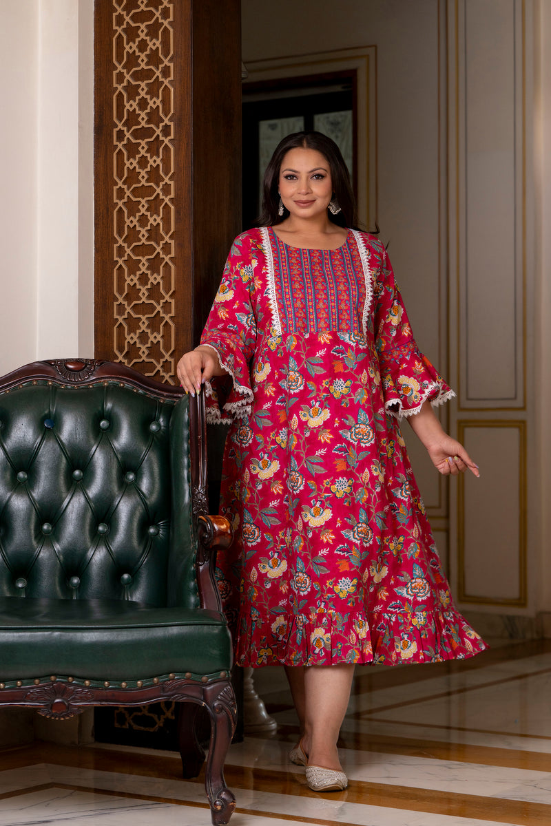 Cotton Printed Calf-Length Dress with Three Quarter Sleeves (Plus Size)