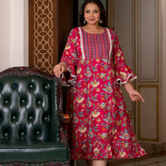 Cotton Printed Calf-Length Dress with Three Quarter Sleeves (Plus Size)