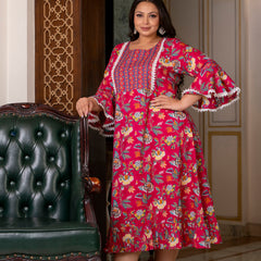Cotton Printed Calf-Length Dress with Three Quarter Sleeves (Plus Size)