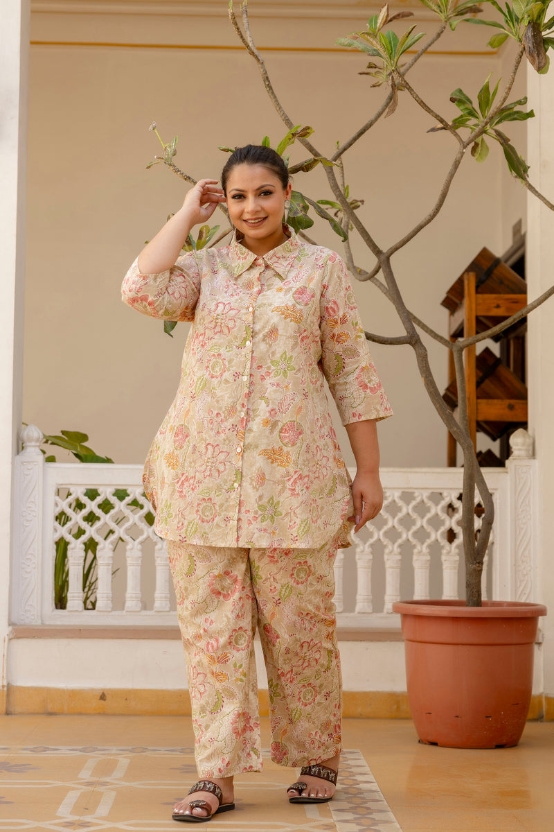 Beige Cotton Printed Co-Ord Set with Collar Neck & Matching Pant (Plus Size)