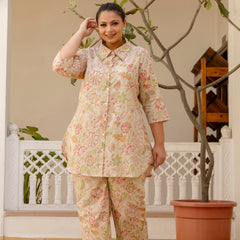 Beige Cotton Printed Co-Ord Set with Collar Neck & Matching Pant (Plus Size)