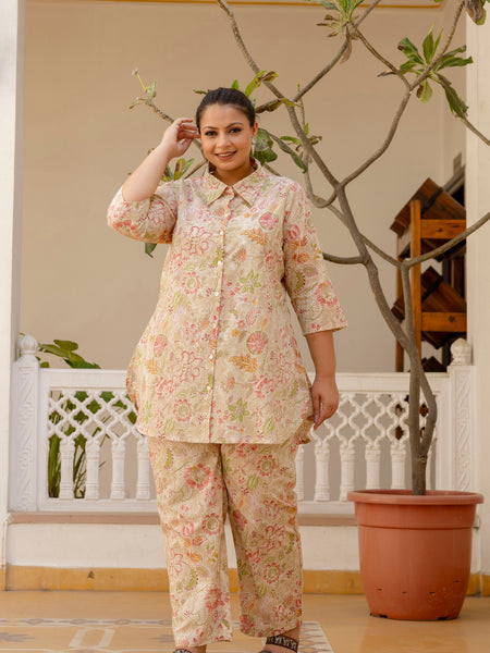 Beige Cotton Printed Co-Ord Set with Collar Neck & Matching Pant (Plus Size)