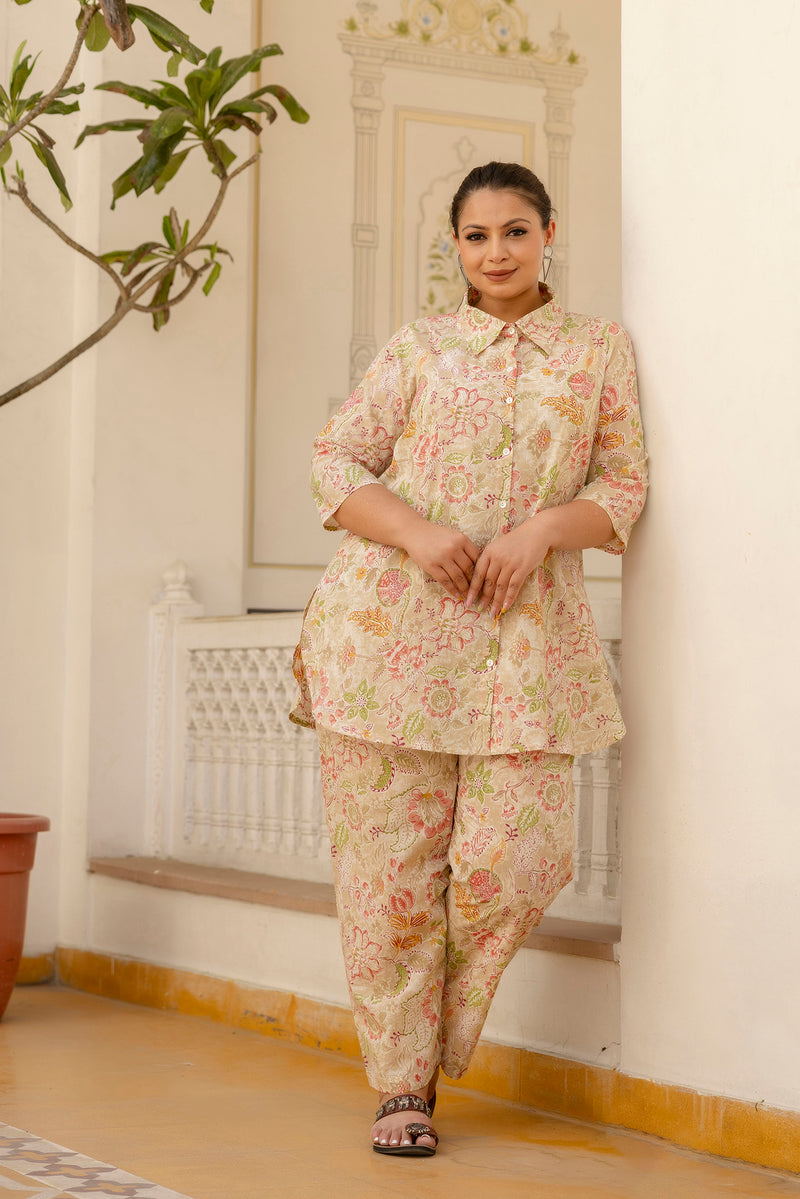 Beige Cotton Printed Co-Ord Set with Collar Neck & Matching Pant (Plus Size)