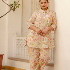 Beige Cotton Printed Co-Ord Set with Collar Neck & Matching Pant (Plus Size)