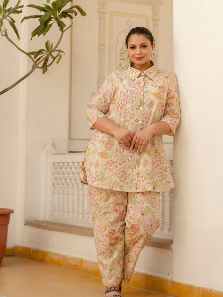 Beige Cotton Printed Co-Ord Set with Collar Neck & Matching Pant (Plus Size)