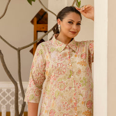 Beige Cotton Printed Co-Ord Set with Collar Neck & Matching Pant (Plus Size)