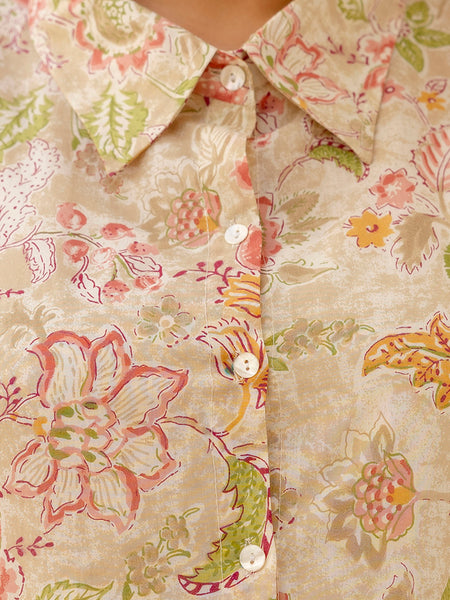 Beige Cotton Printed Co-Ord Set with Collar Neck & Matching Pant (Plus Size)