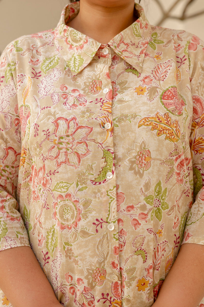 Beige Cotton Printed Co-Ord Set with Collar Neck & Matching Pant (Plus Size)