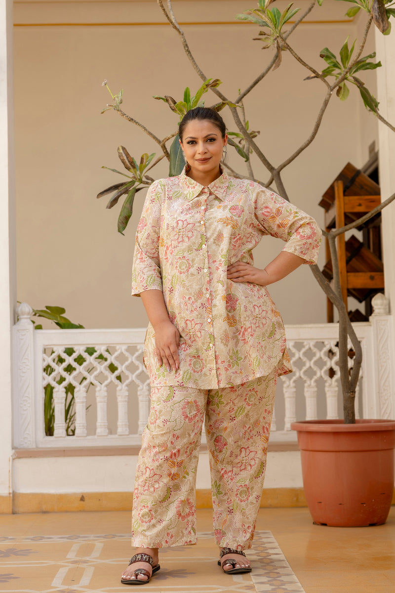 Beige Cotton Printed Co-Ord Set with Collar Neck & Matching Pant (Plus Size)