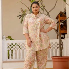 Beige Cotton Printed Co-Ord Set with Collar Neck & Matching Pant (Plus Size)