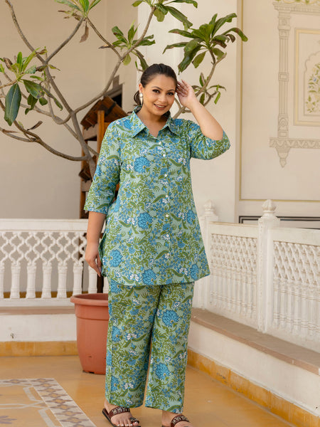 Green Cotton Printed Co-Ord Set with Collar Neck & Matching Pant (Plus Size)