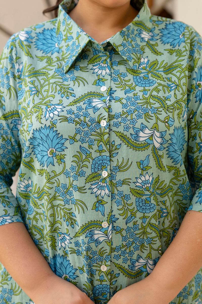 Green Cotton Printed Co-Ord Set with Collar Neck & Matching Pant (Plus Size)