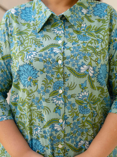 Green Cotton Printed Co-Ord Set with Collar Neck & Matching Pant (Plus Size)