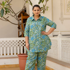 Green Cotton Printed Co-Ord Set with Collar Neck & Matching Pant (Plus Size)