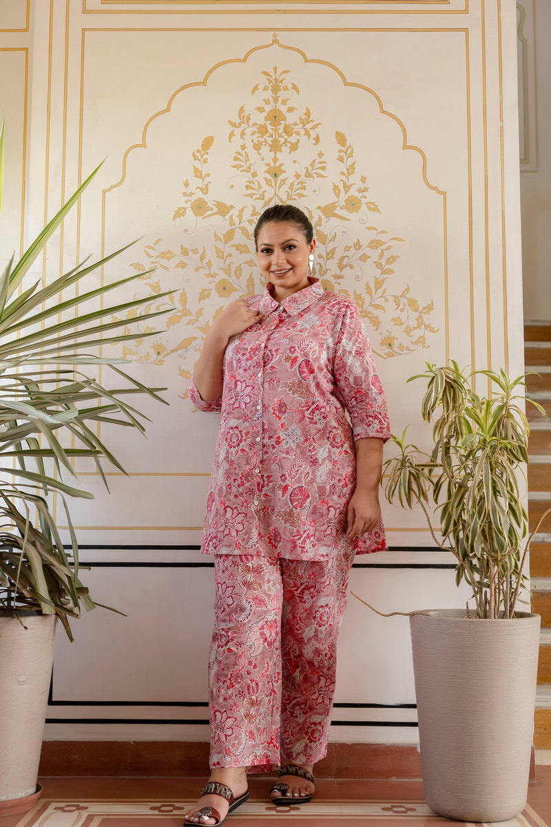 Peach Cotton Printed Co-Ord Set with Collar Neck & Matching Pant (Plus Size)