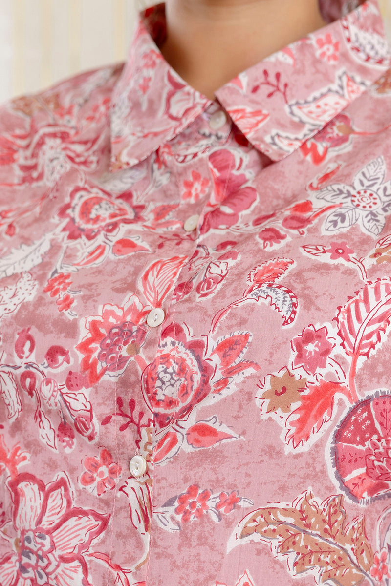 Peach Cotton Printed Co-Ord Set with Collar Neck & Matching Pant (Plus Size)