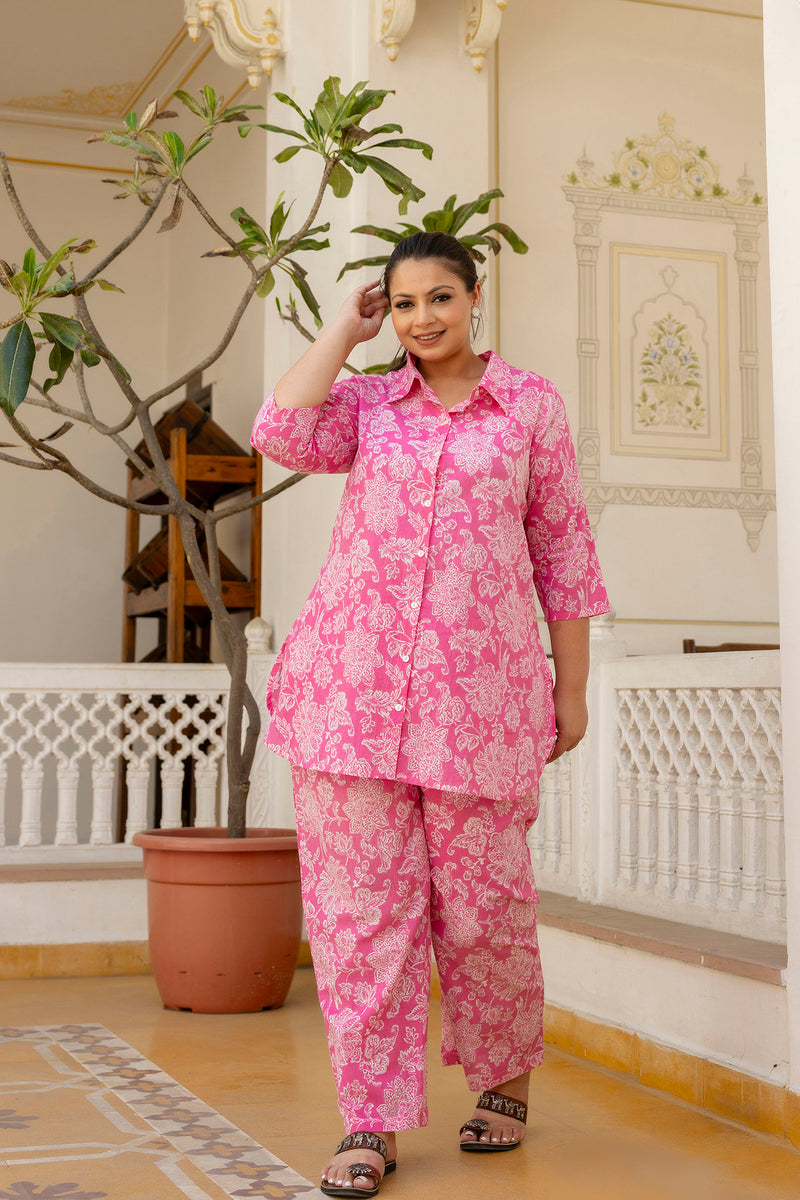 Pink Cotton Printed Co-Ord Set with Collar Neck & Matching Pant (Plus Size)
