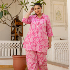 Pink Cotton Printed Co-Ord Set with Collar Neck & Matching Pant (Plus Size)