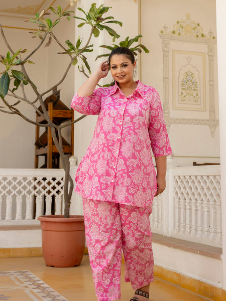 Pink Cotton Printed Co-Ord Set with Collar Neck & Matching Pant (Plus Size)
