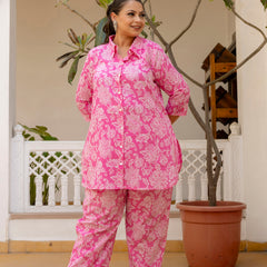 Pink Cotton Printed Co-Ord Set with Collar Neck & Matching Pant (Plus Size)
