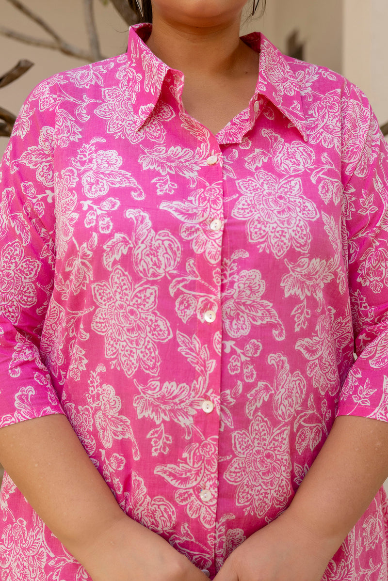 Pink Cotton Printed Co-Ord Set with Collar Neck & Matching Pant (Plus Size)