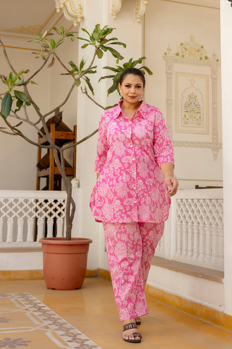 Pink Cotton Printed Co-Ord Set with Collar Neck & Matching Pant (Plus Size)