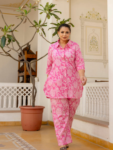 Pink Cotton Printed Co-Ord Set with Collar Neck & Matching Pant (Plus Size)