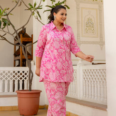 Pink Cotton Printed Co-Ord Set with Collar Neck & Matching Pant (Plus Size)
