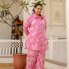 Pink Cotton Printed Co-Ord Set with Collar Neck & Matching Pant (Plus Size)
