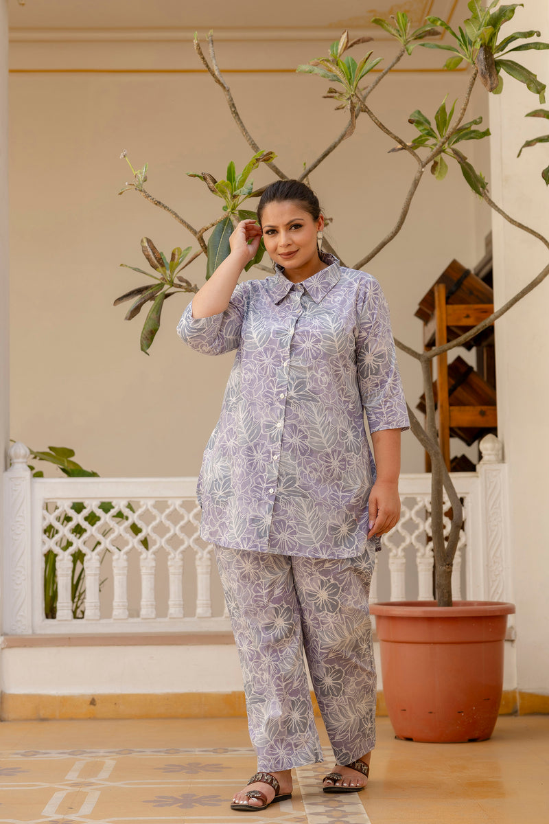 Purple Cotton Printed Co-Ord Set with Collar Neck & Matching Pant (Plus Size)