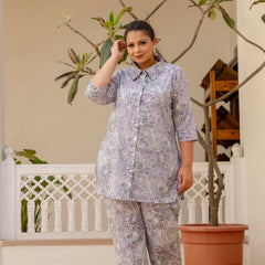 Purple Cotton Printed Co-Ord Set with Collar Neck & Matching Pant (Plus Size)