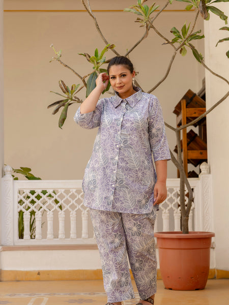 Purple Cotton Printed Co-Ord Set with Collar Neck & Matching Pant (Plus Size)