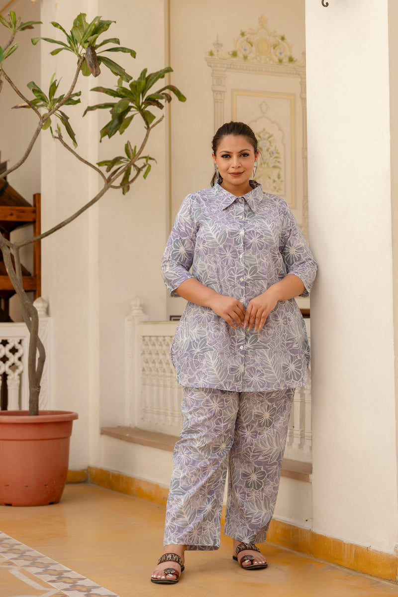 Purple Cotton Printed Co-Ord Set with Collar Neck & Matching Pant (Plus Size)