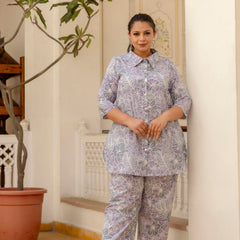 Purple Cotton Printed Co-Ord Set with Collar Neck & Matching Pant (Plus Size)