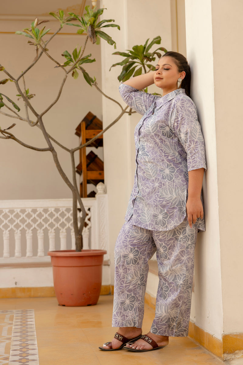 Purple Cotton Printed Co-Ord Set with Collar Neck & Matching Pant (Plus Size)