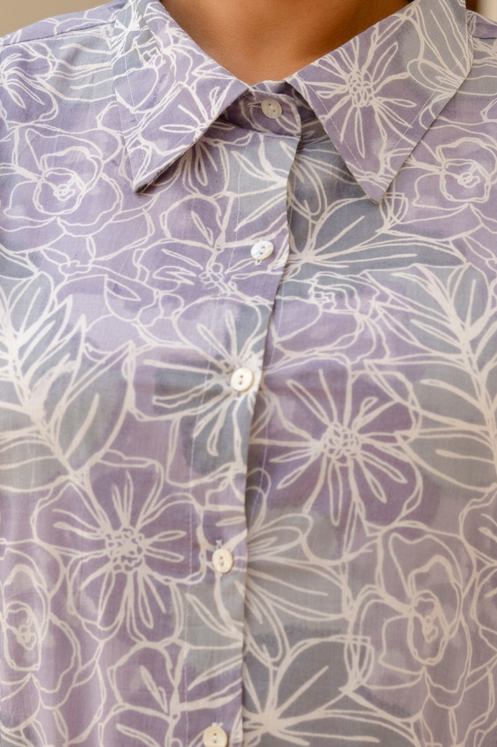 Purple Cotton Printed Co-Ord Set with Collar Neck & Matching Pant (Plus Size)