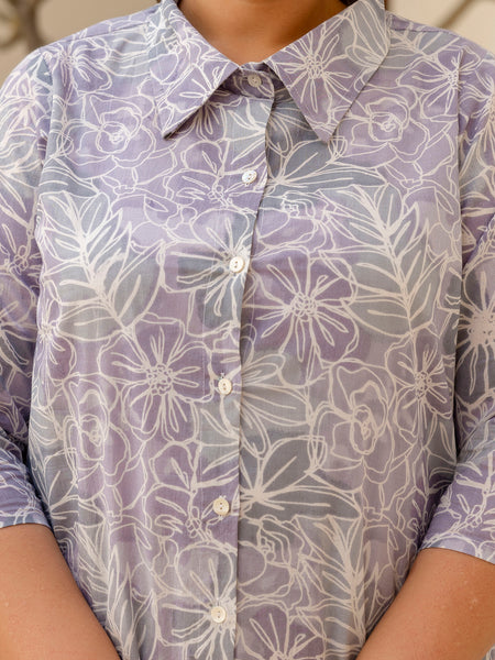 Purple Cotton Printed Co-Ord Set with Collar Neck & Matching Pant (Plus Size)