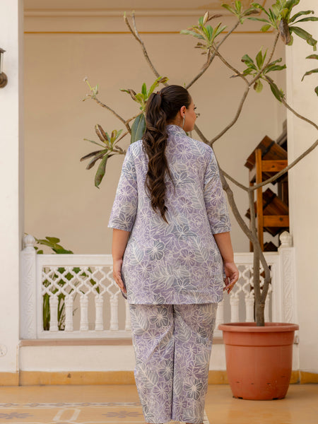 Purple Cotton Printed Co-Ord Set with Collar Neck & Matching Pant (Plus Size)