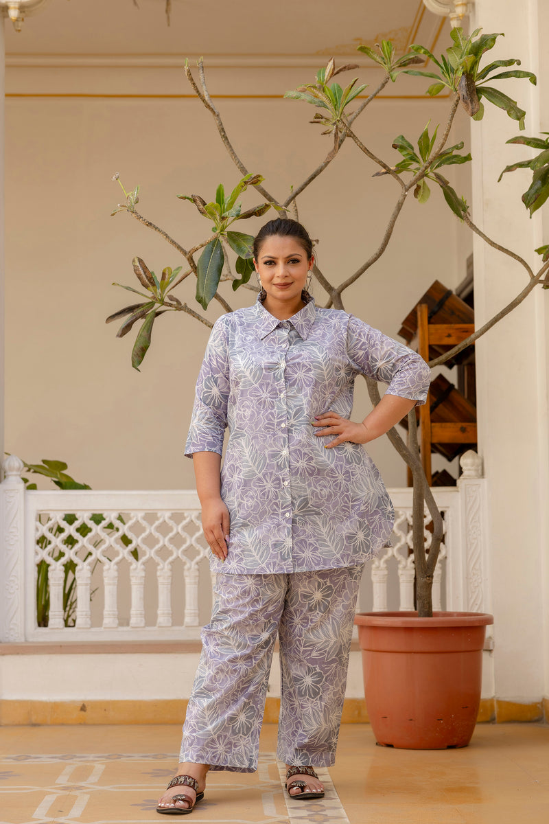 Purple Cotton Printed Co-Ord Set with Collar Neck & Matching Pant (Plus Size)
