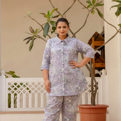 Purple Cotton Printed Co-Ord Set with Collar Neck & Matching Pant (Plus Size)