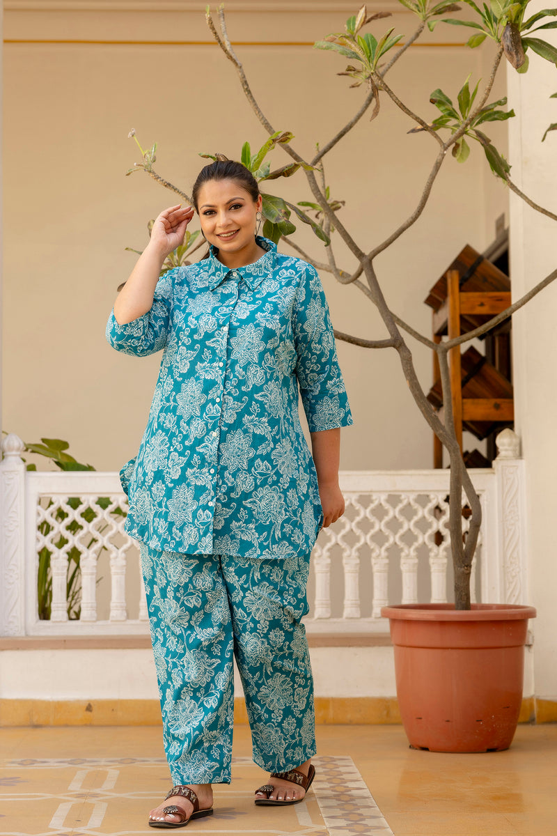 Teal Blue Cotton Printed Co-Ord Set with Collar Neck & Matching Pant (Plus Size)